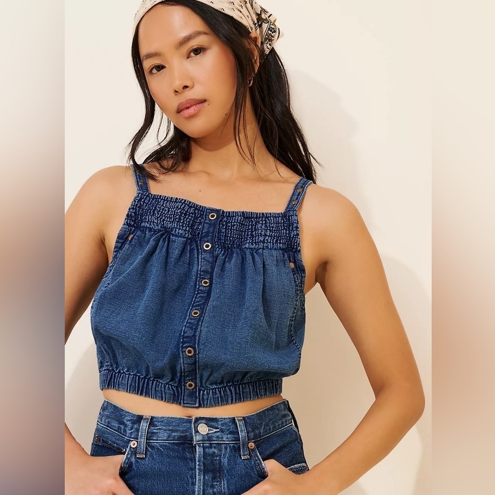 Anthropologie - Pilcro - Chambray Button-Front Bubble-Hem Top
